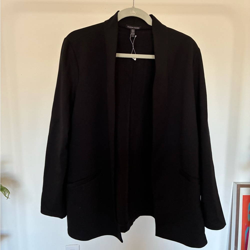 Eileen Fisher Black Women's Blazer with Leather Sleeves